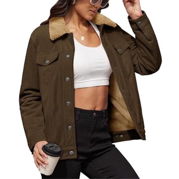 Jackets & Blazers - Womens Corduroy Jacket Sherpa Lined Winter Coat Button Down With Pockets